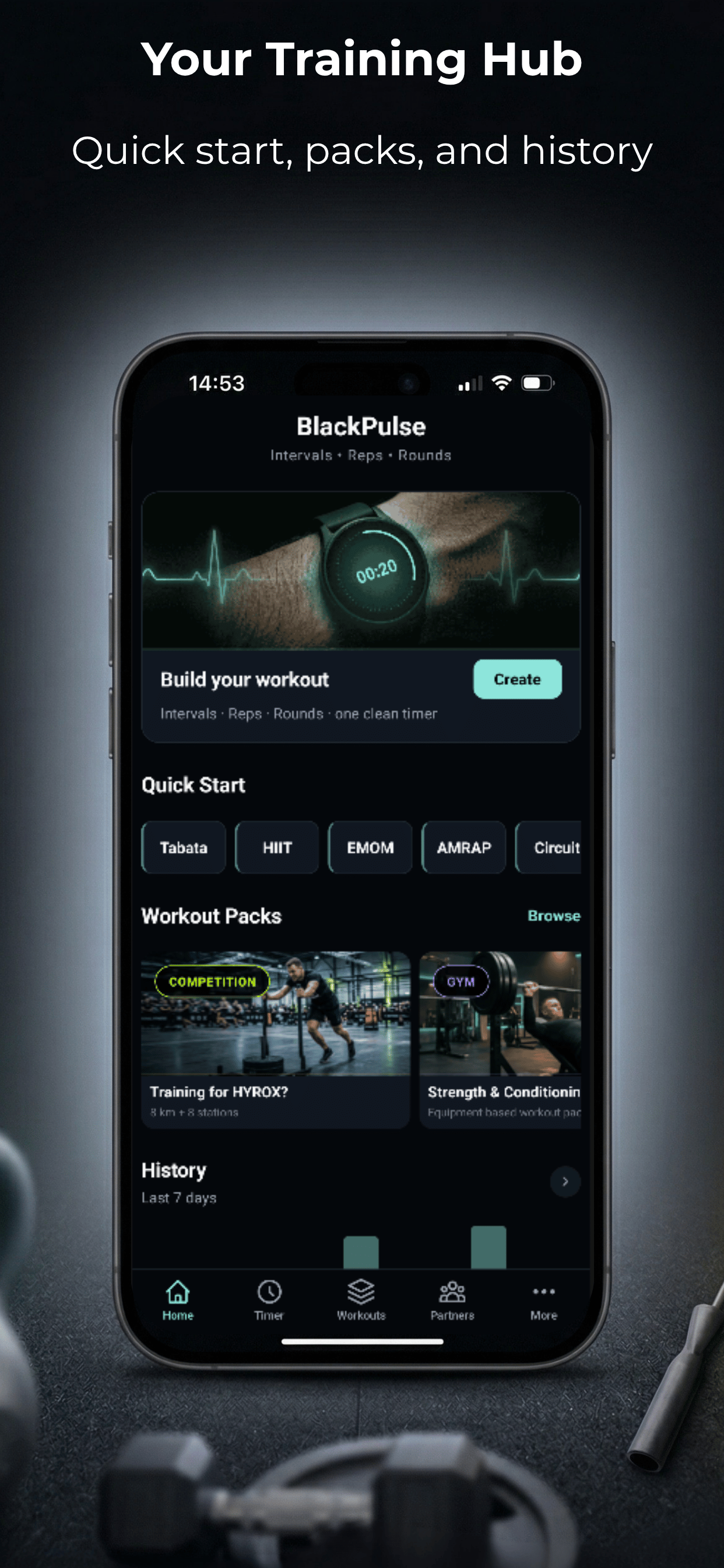 BlackPulse home screen with workout packs